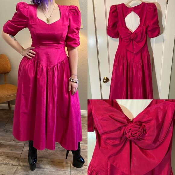 Vintage 80s Time & Eternity Fuchsia Pink Puff Sleeve Prom Dress Gown - Picture 1 of 14